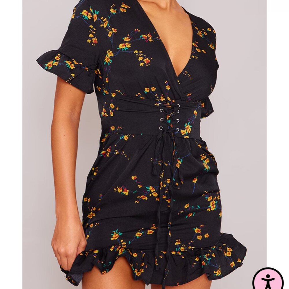 Black Floral Corset Swing Dress - PRETTYLITTLETHING (US SIZE 8)
